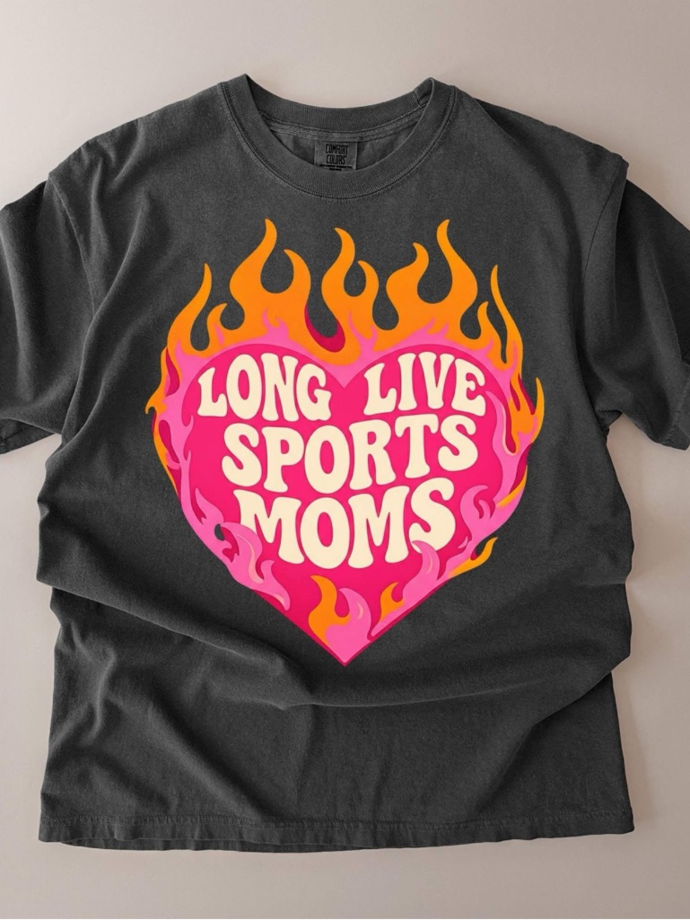 Comfort Colors Charcoal Tee with Pink & Orange Flame Heart Graphic